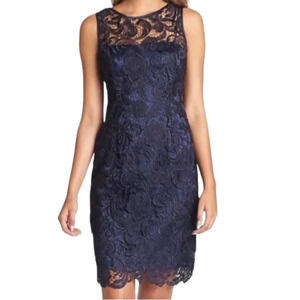 Adrianna Papell Navy Blue Floral Guipure Lace Sleeveless Sheath Dress Size 8